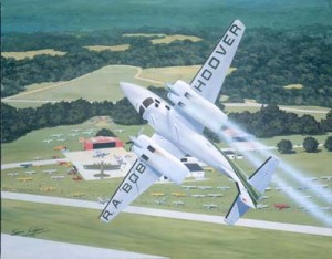“Hoover’s Maneuver,” by Sam Lyon, shows Bob Hoover taking his famous Shrike Commander through one of his most impressive hold-your-breath routines. He’s doing a Cuban-8 with one engine shut down and the prop feathered.