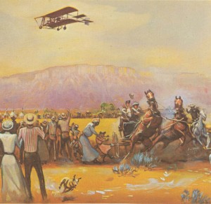 A painting, hanging at the Logan Airport  Billings, Mt., depicts Dixon’s 1911 historic flight.