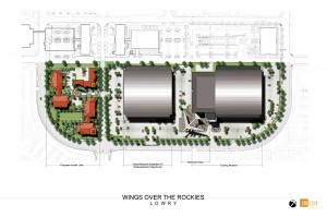 This site plan of Wings Over the Rockies at Lowry shows proposed aviator lofts, future museum expansion or redevelopment opportunity, a memorial plaza and the existing museum.