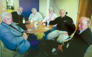 Steve Fossett (second from right) and his wife Peggy chat with friends, from front right, Bob Hoover, Barron Hilton, Mike Gilles and Greg Dillon, two hours prior to launch.