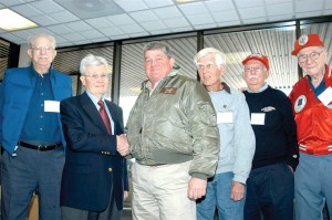 L to R: Charlie Peach, Gen. Paul Tibbets, Don Brooks, Dick Wiley, Orville Splitt, and Red Horning reunited to celebrate Tibbets’ 90th birthday.