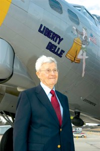 Gen. Paul Tibbets poses in front of the “Liberty Belle,” owned and operated by the Liberty Foundation.