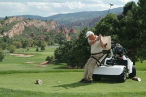 Every SoloRider comes with an electric seat that actually raises a player into a relatively natural position to play golf.