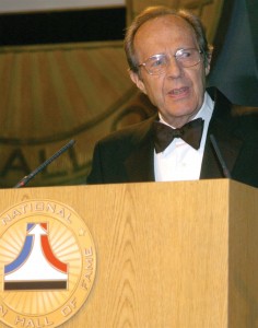 Former Secretary of Defense, Dr. William Perry, enshrines Ben Rich into the NAHF during the annual ceremony.
