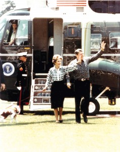 Chris Becker watches from the cockpit as former President Ronald and First Lady Nancy Reagan debark from Marine One.