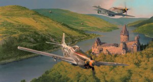 “Mustangs on the Prowl” depicts P-51s from the 55th Fighter Group doing what they liked to do best after being relieved from escort duty, which was heading down to a lower level to look for targets of opportunity.