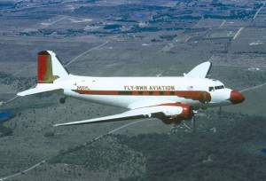 Hans Lauridsen’s DC-3, in flight in 1993.