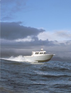 The captain’s realm at the A unique, computer-designed V-hull for the $100,000-plus Aerohead boat provides smooth power-boating even in choppy waters.