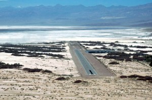Furnace Creek Airport floats in a dry-baked sea of salt flats.
