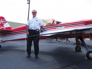 Dennis Heap, executive director of aviation at Front Range Airport, was impressed with this Sukhoi SU-26MX aerobatic aircraft flown by Don Nelson.