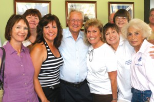 Members of the San Fernando Valley Chapter of the 99s were on hand to wish Phil Aune well. L to R: Eileen Harte Goldsman, Anne Marie Radel, Phil Aune, Jan-Archibald, Jackie Forsting and Lilian Holt. Back row: Sue Scala and Coralee Tucker.