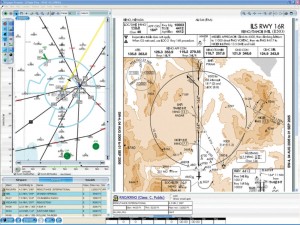 An in-flight Voyager screenshot shows the route of the plane on the left and airport information on the right, including approach control data for Reno/Tahoe International Airport.