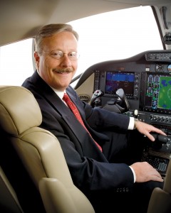 Jack Pelton, chairman, president and CEO of Cessna, and Citation jet rated pilot, proudly sits in the left seat of the Citation Mustang, the world’s first certified jet in the very light jet category.