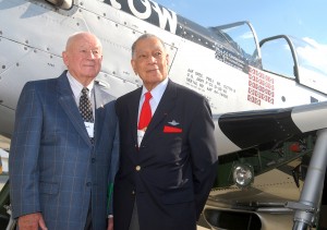 Maj. Gen. Don Strait (left) and Lt. Col. Lee Archer reminisce in front of Old Crow. One of the famed Tuskegee Airmen, Archer was credited with five aerial victories during WWII, all in the Mustang. Strait racked up 13.5 kills during the conflict.