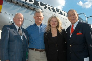 Mustang legends Don Strait (far left) and Lee Archer (far right) pose with Lee Lauderback and Angela West, GML events director.