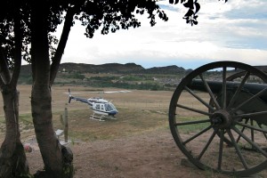 The Fort’s “artillery” stands watch over Rotor’s JetRanger. The Fort and the surrounding area offer spectacular views.