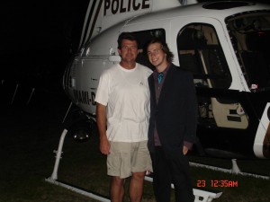 Craig Hosking poses with his son Ryan on the set of “Miami Vice.” Ryan doubled one of the characters and served as his father’s ground coordinator.