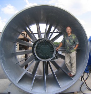 Norm Rosendale inspects one of two large fans used to levitate people.