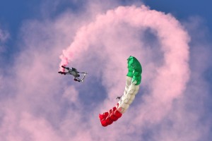 A member of the Latin Skydivers spirals out of the sky.
