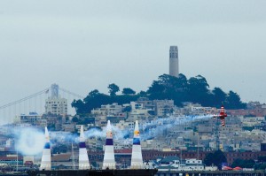Paul Bonhomme’s aircraft stands out against the San Francisco backdrop, during that stop of the 2006 Red Bull Air Race World Series.