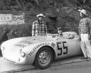 Hans Herrmann and two Tuxtla natives pose with the Porsche 550 before the start of the 1954 race.