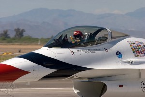 Maj. Nicole Malachowski, flying Thunderbird #3, acknowledges the crowd as she heads out for the demo.