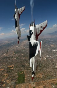 Viewed from the slot position, the Thunderbirds perform the delta loop over Kirtland Air Force Base, N. M.