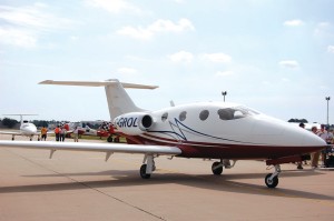 Epic’s Elite, a twin-engine VLJ, is wheeled into position after its debut flight.