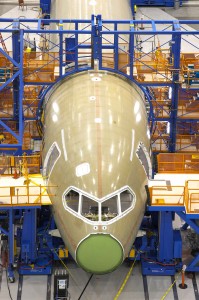 The nose section of the 787 is fastened to the main fuselage at the assembly plant.