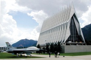 Jets on static display and the famous chapel mark the Air Force Academy campus.