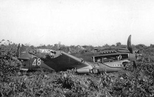Following an attempted night intercept of Japanese bombers on Dec. 10, 1941, Tex Hill landed “long” in #48. The P-40 left the apron, bouncing over broken ground and crashing through undergrowth before the aircraft came to a stop.
