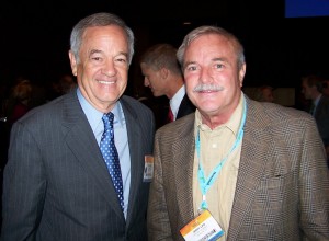 Airport Journals manager Jerry Lips (right) congratulates Bryan Moss, Gulfstream president emeritus, the recipient of the 2007 NBAA Award for Meritorious Service to Aviation.