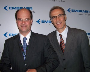 Embraer pres. and CEO Frederico Fleury Curado (left) and Luis Carlos Affonso, exec. vp, executive jets, displayed the concepts of revolutionary mid-size and mid-light jets from Embraer, the largest manufacturer of commercial jets up to 120 seats.