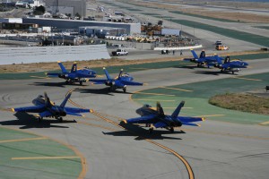 Though few ever see this part of the Blue Angels precision demonstration, the team still taxis out for takeoff in formation.