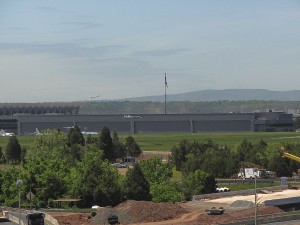 A panoramic view of the Dulles Jet Center shows the adjacent General Dynamics building, also equipped with the unique EagleSpan trusses.