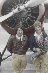 Pancho Barnes (left) and fellow aviatrix Amelia Earhart were both rivals and friends. Behind them is the Lockheed Vega Earhart flew in the 1929 “Powder Puff Derby,” a race that ended for Barnes when her airplane crashed in Waco, Texas.