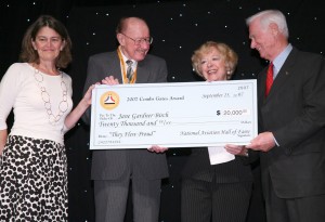 Amanda Wright Lane, Bob Hoover and Gene Cernan (right) presented the 2007 Combs Gates Award to Jane Gardner Birch (second from right).