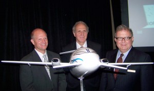 L to R: Piaggio America CEO Eric Hinson, Piaggio Aero CEO Jose Di Mase and Piaggio America Chairman Tom Appleton made announcements about the P.180 Avanti II. Capable of flying 1,700 nm at 402 ktas, the aircraft will cruise at altitudes up to 41,000 feet.