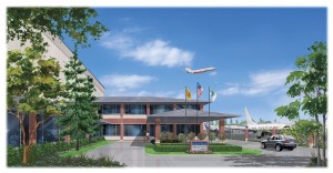 Arnold Savarin’s rendering depicts what the Castle & Cooke Aviation facility at Everett Jet Center will look like.