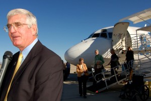 Mesa Mayor Keno Hawker greeted passengers after they arrived on the inaugural flight from Cedar Rapids, Iowa.