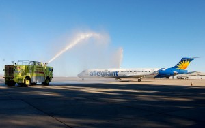 Allegiant Air’s inaugural flight to Sioux Falls, S.D., received a water cannon salute by the airport fire department before takeoff.