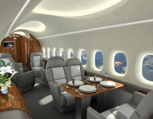 Aerion’s proposed SSBJ has a sleek interior with modern-day lighting features. Seats can be heated or cooled and have personalized armrest controls for entertainment and comm. options. The aircraft has room for a full galley and a private lavatory.
