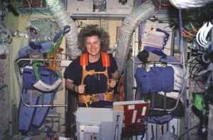 Astronaut Shannon Lucid exercises on a treadmill while on the Russian Mir space station’s Base Block module. Lucid still works at NASA.