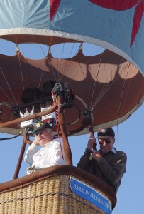 Barron Hilton (left) and John Myers ascend for a little sightseeing over the Flying M Ranch.