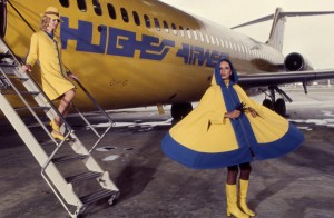Between 1972 and 1977, Hughes Airwest flight attendants wore go-go boots, hot pants, fake eyelashes and bouffant hairstyles.