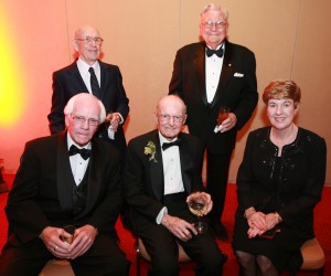 Four Colorado Aviation Hall of Fame inductees came to celebrate with Lou Clinton. L to R, front row: Bill Duff, Lou Clinton and Emily Howell Warner. Back row: Nick Nichols and Ed Mehlin.