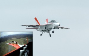 The inset photo shows an aileron separation on a sub-scale F/A-18 UAV. Software, acting faster than human response, will determine the best method to recover controlled flight.