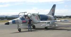 Returning from a test flight, this L-39 Albatross is a Czechoslovakian fighter aircraft trainer that debuted at the 1977 Paris Air Show.