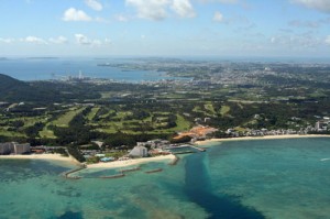 Clear ocean waters surround the Moon Beach Resort area, Okinawa, Japan.