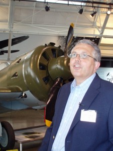 Adrian Hunt, the Flying Heritage Collection’s executive director, explains the history of the 1930 Russian Polikarpov I-16 behind him, the first low-wing monoplane fighter with retractable landing gear.